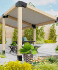 Pergola with Slanted Pergola Brackets Kit for Outdoor Wood Beams, showing four posts with 15 and 75 degree angle brackets.