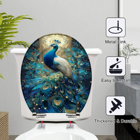 Round Resin Toilet Seat for Bathroom featuring a colorful peacock design, 16.5 inches long, easy to install.