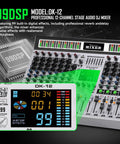 12 Channel Professional Audio Mixer For Podcast, Live Sound, And Studio Use With XLR Inputs, Bluetooth, USB Interface, 99 DSP Effects, MP3 Playback, Recording Console For Music, Broadcasting, And Events model DK-12 displayed with digital effects module and mixer controls, showcasing 99 DSP effects and various input options.