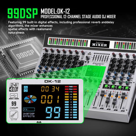 12 Channel Professional Audio Mixer For Podcast, Live Sound, And Studio Use With XLR Inputs, Bluetooth, USB Interface, 99 DSP Effects, MP3 Playback, Recording Console For Music, Broadcasting, And Events model DK-12 displayed with digital effects module and mixer controls, showcasing 99 DSP effects and various input options.