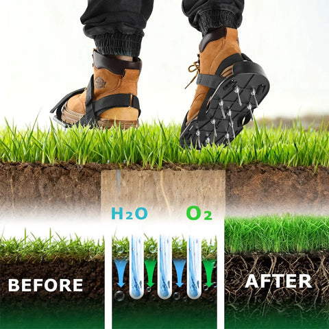 Heavy Duty Lawn Aerator Shoes With Adjustable Straps And 13 Spikes, 2-Inch And 1.5-Inch Spike Sizes in use on a lawn
