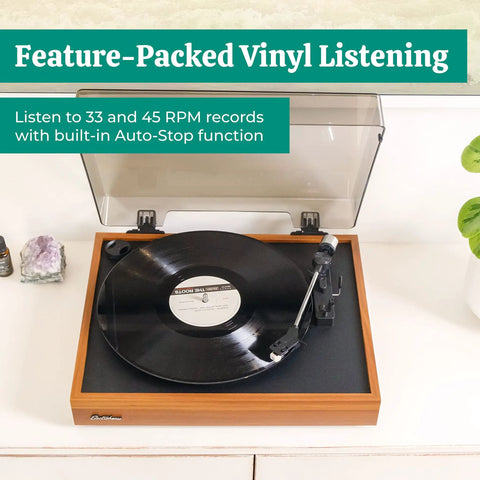 Electrohome Montrose Vinyl Record Player With Belt Drive Turntable and Audio-Technica Stylus in wood finish, playing vinyl record.