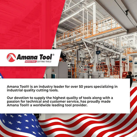 Amana Tool industrial cutting tools advertisement with American flag and factory background for cutting tool products.
