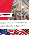 Industrial factory interior with Amana Tool logo and USA flag, highlighting their 50-year legacy in cutting tools.