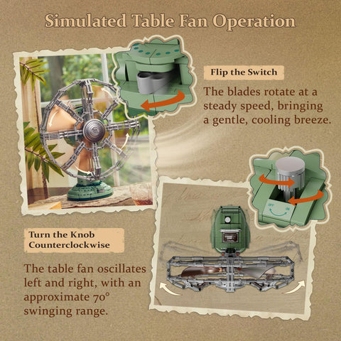 Retro Buildable Desk Fan Model For Adults Dope Green Display Piece With Motorized Oscillation Realistic Grille Weighted Base Bronze Blades