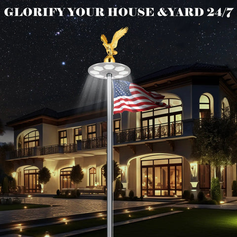 Top Tier Gold Bald Eagle Flag Pole Topper With Heavy Duty Hardware Kit 11 Inch on a flagpole with an American flag at night.