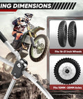 Dirt Bike Tire Changing Tool Kit With 10mm 12mm 15mm Axle Adapters Fits 16 To 21 Inch Wheels Quick Tire Change On The Trail Foldable Design For Easy Portability Black Gear For Off Road Riding, shown with bike and dimensions