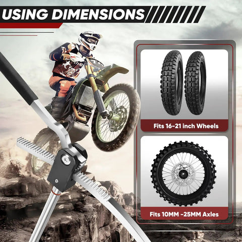 Dirt Bike Tire Changing Tool Kit With 10mm 12mm 15mm Axle Adapters Fits 16 To 21 Inch Wheels Quick Tire Change On The Trail Foldable Design For Easy Portability Black Gear For Off Road Riding, shown with bike and dimensions