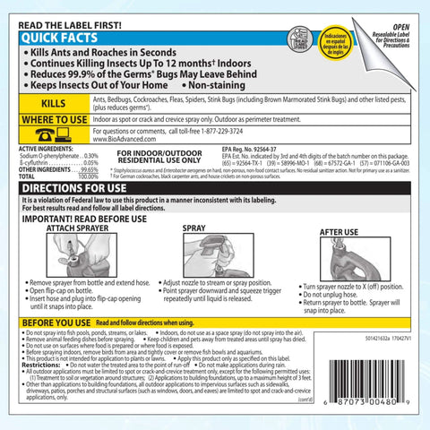 Label showing instructions and features for All Purpose Bug And Germ Killer Insect Spray 1 Gallon For Indoor Use Keeps Bugs Gone Fast.