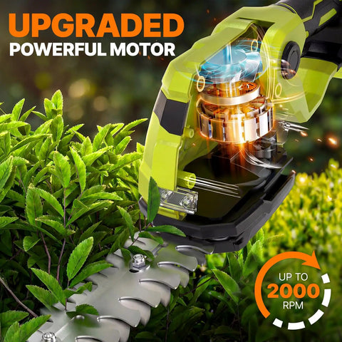 Two In One Cordless Hedge Trimmer And Grass Shears with upgraded motor shown cutting green hedge for quick yard jobs