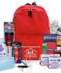 Family Ready All In One 2 Person Emergency Survival Kit For Hurricanes And Earthquakes With A 72 Hour Gear Backpack Disaster First Aid Supplies And More For Preparedness, featuring a red backpack with first aid and survival tools.