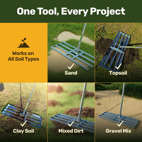Lawn Leveling Rake 30 Inch By 10 Inch Heavy Duty Carbon Steel Ground Leveler Tool for various soil types including sand and clay.
