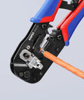 Close-up of RJ45 Western Plug Crimping Pliers, 7 And A Half Inch, 8P8C Pro Grade Network Tool crimping an Ethernet cable