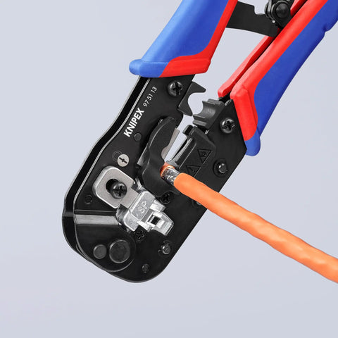 Close-up of RJ45 Western Plug Crimping Pliers, 7 And A Half Inch, 8P8C Pro Grade Network Tool crimping an Ethernet cable