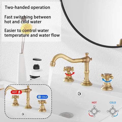 Super Stylish Two Handle Widespread Bathroom Sink Faucet In Warm Antique Brass Finish Including Matching Metal Pop Up Drain With Overflow