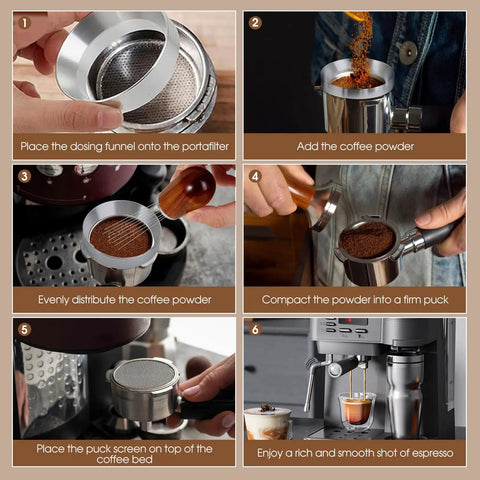 Step-by-step use of 51mm Espresso Accessories Kit With WDT Tool Dosing Funnel Puck Screen Set 316 Stainless Steel Needle Coffee Distribution Stirrer For Delonghi 51mm Portafilters And Home Barista Espresso Machines.