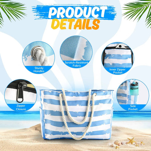 Go To Extra Large Beach Bag With Waterproof And Sandproof Zipper, Durable Travel Tote with blue and white stripes on sandy beach