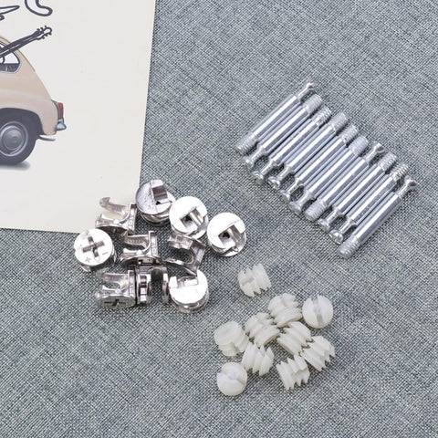 Heavy Duty Cam Lock Fittings For Furniture Assembly And Repair 24 Sets Iron And Nylon Connectors on gray fabric surface