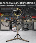 Beefy Pro Grade Aluminum Bike Repair Stand with Height Adjustable Arm and 360 Degree Clamp, tool tray shown, supporting bike.