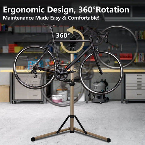 Beefy Pro Grade Aluminum Bike Repair Stand with Height Adjustable Arm and 360 Degree Clamp, tool tray shown, supporting bike.