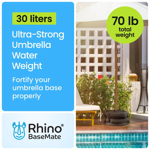 Windproof Patio Umbrella Base Weight Water Bag With Side Slot Opening Easy Fill Sturdy Round Base beside pool and plants