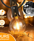 Close-up of weatherproof 50ft outdoor string light with 25 Edison bulbs and 2 spare LEDs, showing shatterproof material and bright glow.