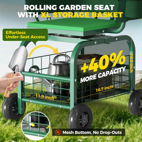 Rolling Garden Stool With Wheels, 360 Degree Swivel Seat And Backrest, Tool Storage Basket And Back Pouch, Adjustable Handle, Outdoor Gardening Scooter, close-up of storage basket and wheels.
