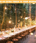 Outdoor wedding setup with 900 LED Outdoor Curtain Lights With Remote, 9.5 By 29.5 Feet Twinkle Warm White String Lights for decor.