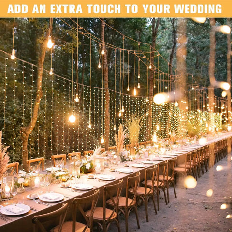 Outdoor wedding setup with 900 LED Outdoor Curtain Lights With Remote, 9.5 By 29.5 Feet Twinkle Warm White String Lights for decor.
