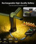 Rechargeable Camping Lantern with 9000mAh battery charging phone on grass, showing LED display and tripod legs.