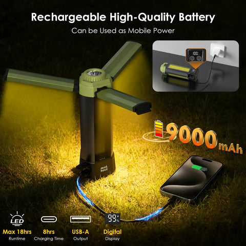 Rechargeable Camping Lantern with 9000mAh battery charging phone on grass, showing LED display and tripod legs.