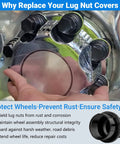 Person holding 24 Pcs Lug Nut Covers Wheel Center Caps Set Fits Cadillac Escalade Chevrolet Avalanche Tahoe GMC Savana Yukon And Express Vans For A Clean OEM Look On C1500 C2500 C3500 From 1990s To 2000s shown in protective packaging.