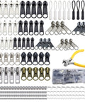 254 Piece Zipper Repair Kit With Case Universal Zipper Replacement Kit featuring silver and black sliders, pulls, pliers, and case.