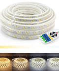 LED Strip Lights 100 Ft Flexible 2 In 1 Warm White And Cool White Dimmable With Remote Timer Color Temperature Adjustable shown coiled with remote control and color modes displayed.