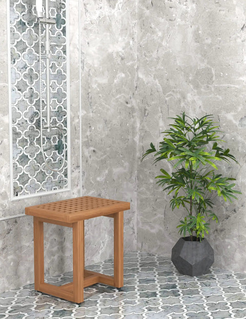 18 Inch Grate Teak Shower Bench With Solid Teak Wood, Stainless Steel Hardware, Adjustable Rubber Feet For Stability, Water Resistant