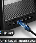 Cat6 Ethernet Cable 6Ft Pack Of 10 High Speed 10Gbps 500MHz Patch Cables connected to modem for internet and gaming.
