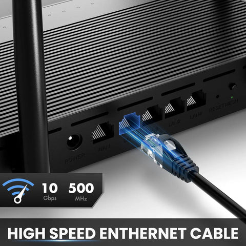 Cat6 Ethernet Cable 6Ft Pack Of 10 High Speed 10Gbps 500MHz Patch Cables connected to modem for internet and gaming.