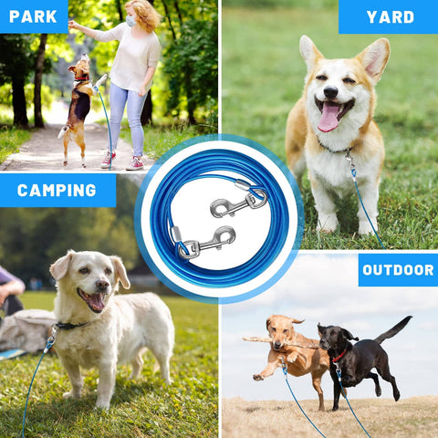 Heavy Duty PVC Coated Steel Dog Tie Out Cable With Beefy Clips For Yard Use 10 15 20 25 30 50 Ft Options A Safe Outdoor Dog Runner For Large Dogs Up To 165 Lbs, dogs playing in park and yard