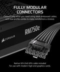 Fully Modular Low Noise 750W ATX 3.1 Power Supply With 12V 2x6 Cables, PCIe 5.1 Ready, Gold Efficiency, 105C Rated Capacitors, Modern Standby Mode, Black close-up view.