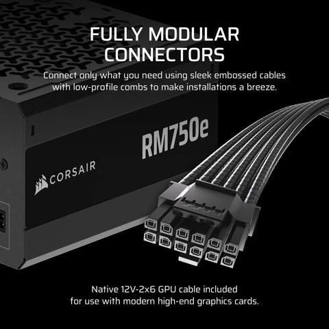 Fully Modular Low Noise 750W ATX 3.1 Power Supply With 12V 2x6 Cables, PCIe 5.1 Ready, Gold Efficiency, 105C Rated Capacitors, Modern Standby Mode, Black close-up view.