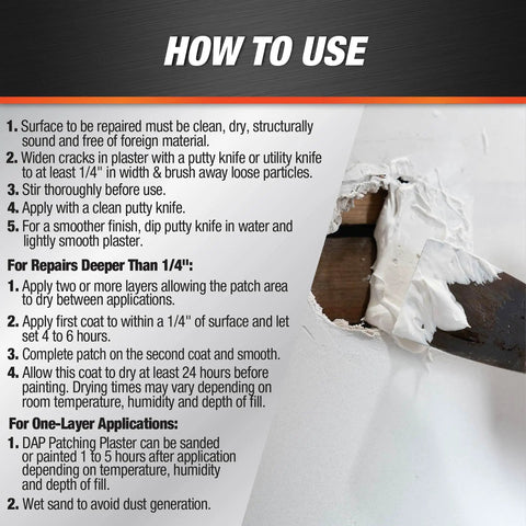 Instruction sheet showing how to use Patch And Repair Patching Plaster White Ready To Use Latex Based Wall Patch For Holes And Cracks