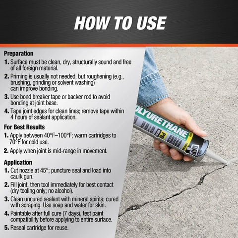 Hand using Polyurethane Premium Construction Adhesive Sealant in Black 10.1 Oz on cracked concrete surface