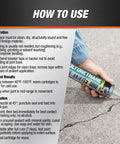 Hand holding Heavy Duty Polyurethane Construction Adhesive Sealant White Non Sag Formula, applying to concrete crack for sealing.