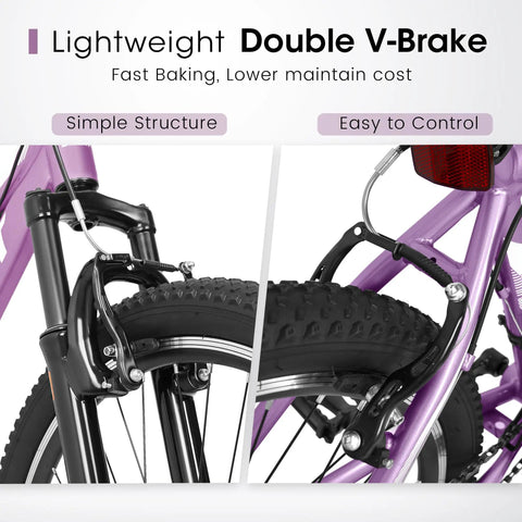 26 Inch Mountain Bike For Adults And Teens With Steel Frame And Suspension Fork, 21 Speed V Brakes, showing double V-brakes