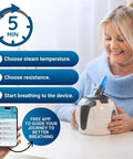 Breathing Trainer With Warm Steam And Adjustable Resistance next to app instructions and smiling woman holding device.