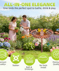 Outdoor Metal Bird Bath With Detachable Feeder 40 Inch Tall Standing Copper Bird Bath in garden with people gardening