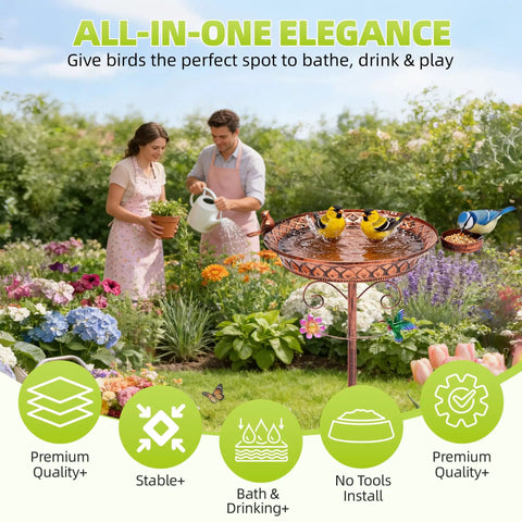 Outdoor Metal Bird Bath With Detachable Feeder 40 Inch Tall Standing Copper Bird Bath in garden with people gardening