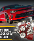 Chevy Small Block Serpentine Conversion Kit With Polished Billet Aluminum Pulleys And Brackets 8 Rib Serpentine System For Long Water Pump Drop In Ready For SBC 283 302 305 327 350 400 Engines displayed next to a red car