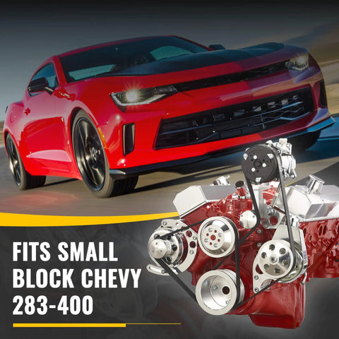 Chevy Small Block Serpentine Conversion Kit With Polished Billet Aluminum Pulleys And Brackets 8 Rib Serpentine System For Long Water Pump Drop In Ready For SBC 283 302 305 327 350 400 Engines displayed next to a red car