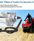 Universal 3 Bolt ATV Starter Motor Fits 50Cc To 125Cc Quad Go Karts Dirt Bikes Pit Bikes Dune Buggies Sand Rails With Line Replacement Crank 4 Stroke High Torque Easy Install Direct Fit shown next to ATV.